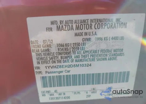 2013 Mazda Mazda6 I Touring Plus from USA, damaged, VIN 1YVHZ8EH2D5M10324